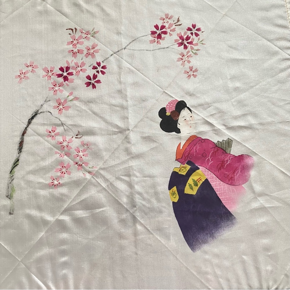 100% silk hand painted with cherry tree and Japanese woman.Properly stored years